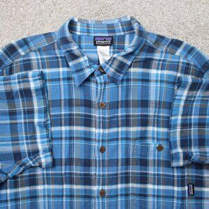 Patagonia Shirt Mens Large Blue Plaid A/C Lightweight Cotton Short Sleeve Button
